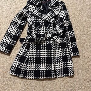 Via Spiga Black and White Houndstooth-Like Coat with Red Trim